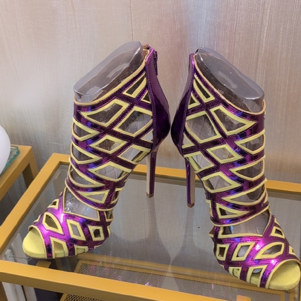 Scene Weaver Purple and Yellow Geometric Cutout Stiletto Booties